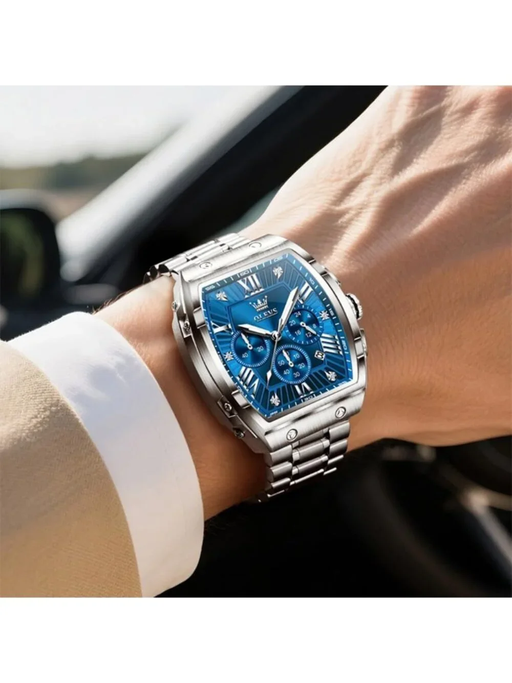 Men's Silver Blue Chronograph Rectangle Stainless Steel Luminous Classic Watch